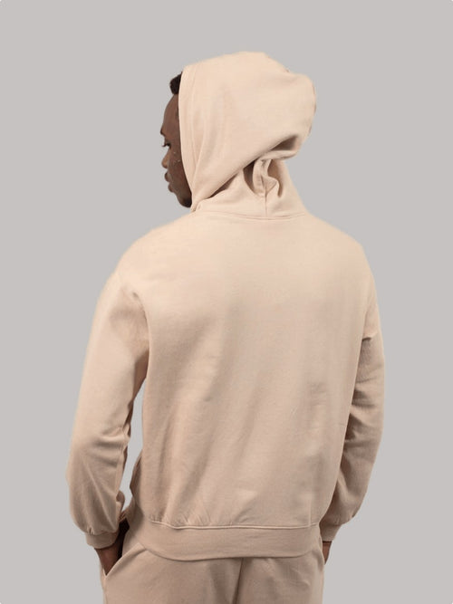 Beige pullover hoodie, back view, worn by a male model