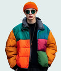 Multicolor color-block puffer jacket worn by a male model