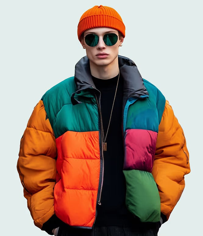 Multicolor color-block puffer jacket worn by a male model