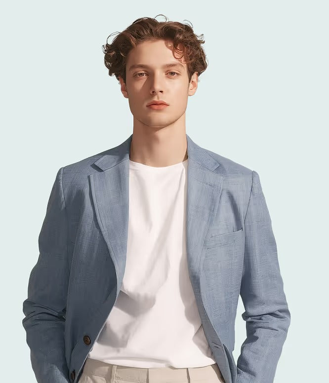 Light blue textured blazer over a white T-shirt worn by a male model