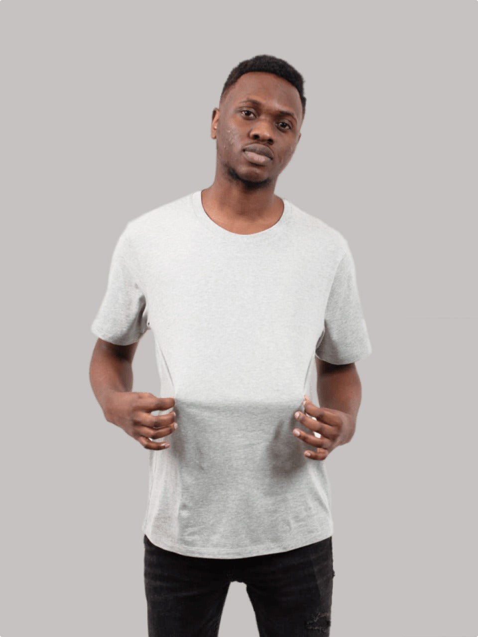 Light gray crew neck T-shirt worn by a male model