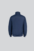 Navy funnel-neck bomber jacket, back view, on a plain background