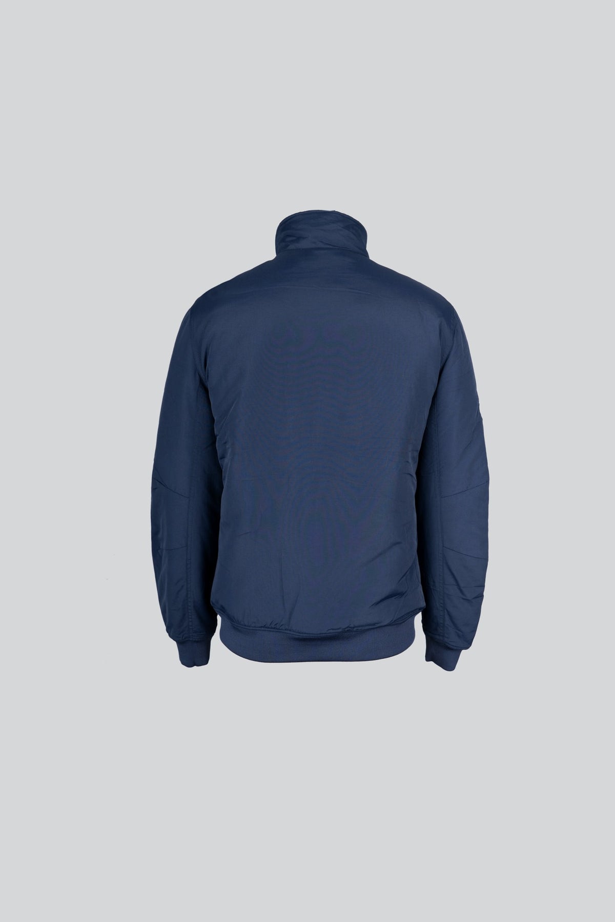 Navy funnel-neck bomber jacket, back view, on a plain background