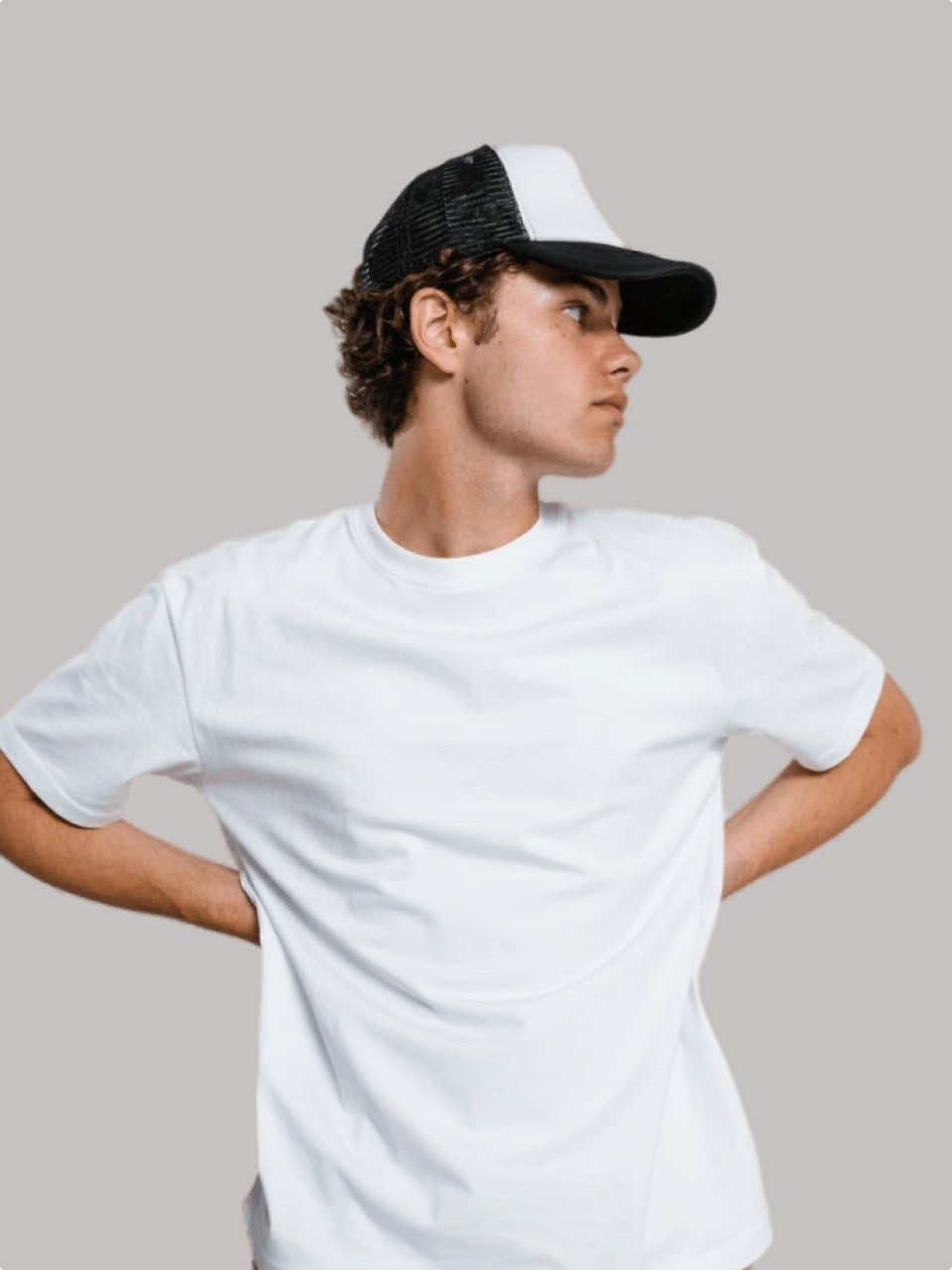 White crew neck T-shirt worn by a male model